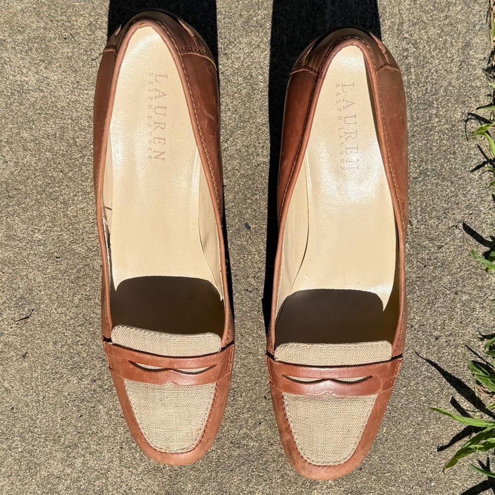 Ralph Lauren leather heels with canvas accent.